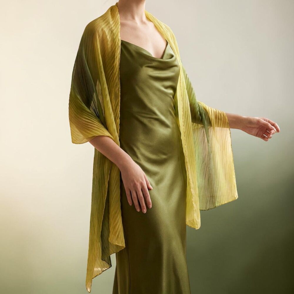 Green / Yellow Silk Pleated Scarf